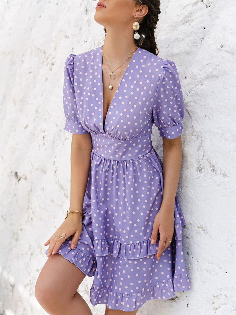 Puff Sleeve Ruffle Trim Polka Dot Dress - Dresses - INS | Online Fashion Free Shipping Clothing, Dresses, Tops, Shoes - Beach - Color_Purple - Daily