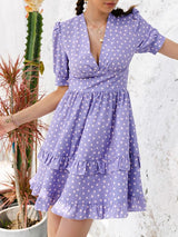 Puff Sleeve Ruffle Trim Polka Dot Dress - Dresses - INS | Online Fashion Free Shipping Clothing, Dresses, Tops, Shoes - Beach - Color_Purple - Daily