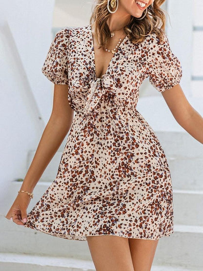 Puff Sleeve Tie Front Allover Print Dress - Dresses - INS | Online Fashion Free Shipping Clothing, Dresses, Tops, Shoes - 02/04/2021 - Dresses - Going Out