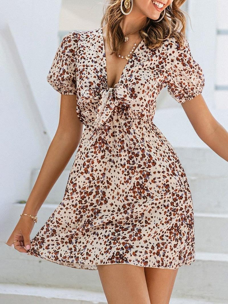 Puff Sleeve Tie Front Allover Print Dress - Dresses - INS | Online Fashion Free Shipping Clothing, Dresses, Tops, Shoes - 02/04/2021 - Dresses - Going Out