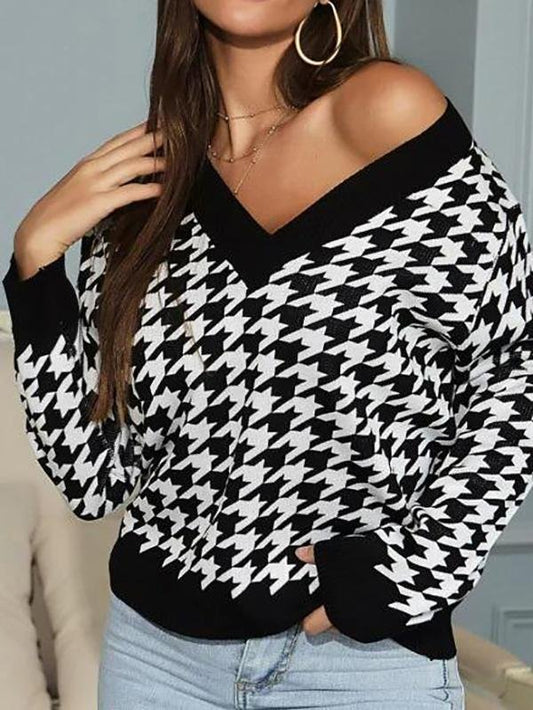 Pullover Houndstooth V Neck Sweater - Sweaters - INS | Online Fashion Free Shipping Clothing, Dresses, Tops, Shoes - 02/08/2021 - Autumn - Black