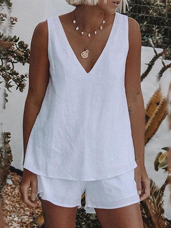 Pure Casual Sleeveless V-neck Suit - Sets - INS | Online Fashion Free Shipping Clothing, Dresses, Tops, Shoes - 01/07/2021 - 20-30 - Bottoms