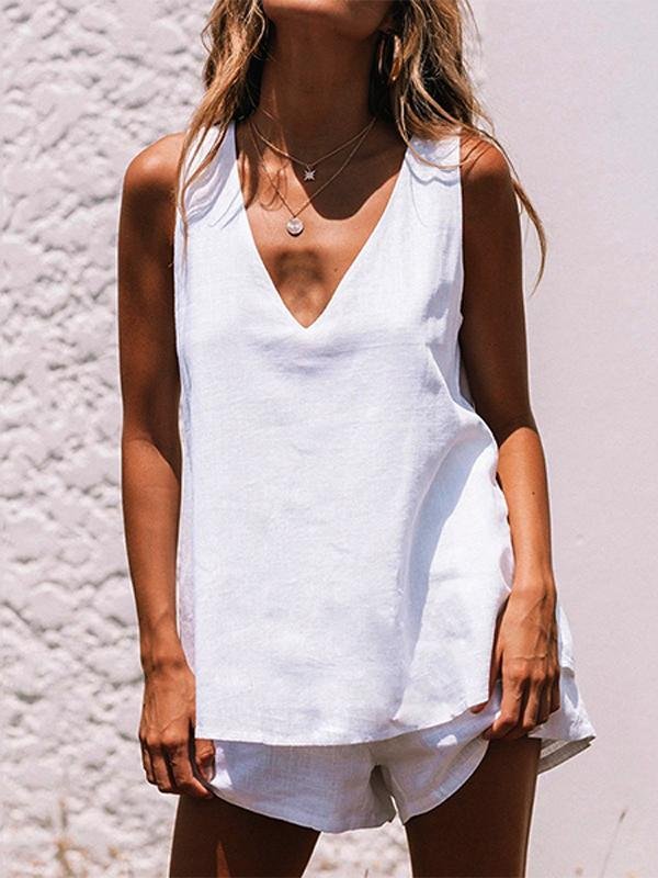 Pure Casual Sleeveless V-neck Suit - Sets - INS | Online Fashion Free Shipping Clothing, Dresses, Tops, Shoes - 01/07/2021 - 20-30 - Bottoms