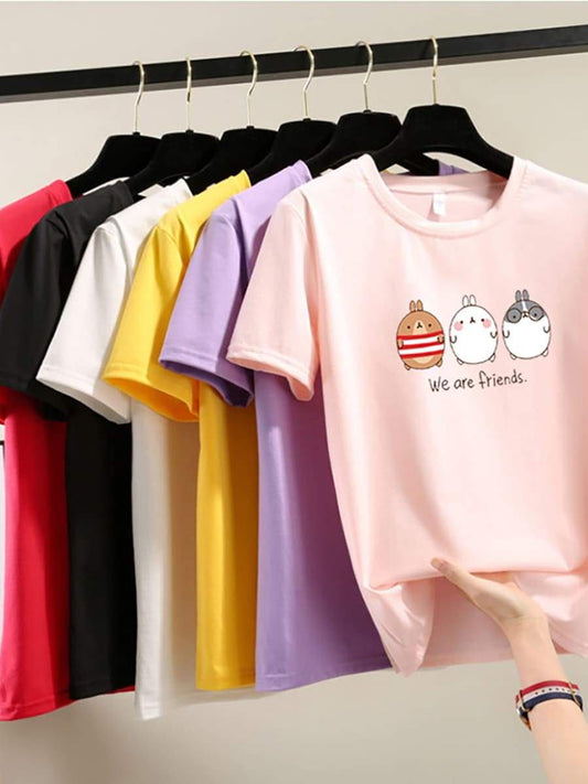 Pure Color Cartoon Print Loose T-Shirt - INS | Online Fashion Free Shipping Clothing, Dresses, Tops, Shoes