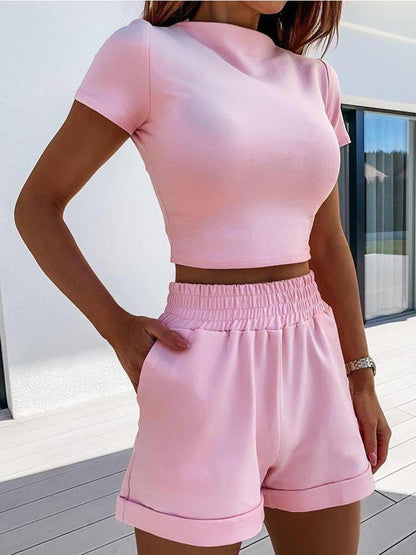 Pure Color Skinny Short-sleeved Casual Suit - Two-piece Outfits - INS | Online Fashion Free Shipping Clothing, Dresses, Tops, Shoes - 13/05/2021 - 13052021 - 130521