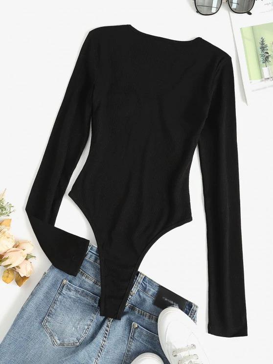 Quarter Zip Flap Detail Ribbed Bodysuit - INS | Online Fashion Free Shipping Clothing, Dresses, Tops, Shoes