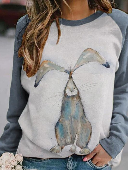 Rabbit Print Round Neck Long Sleeve T-Shirt - T-Shirts - INS | Online Fashion Free Shipping Clothing, Dresses, Tops, Shoes - 10-20 - 17/07/2021 - Category_T-Shirts