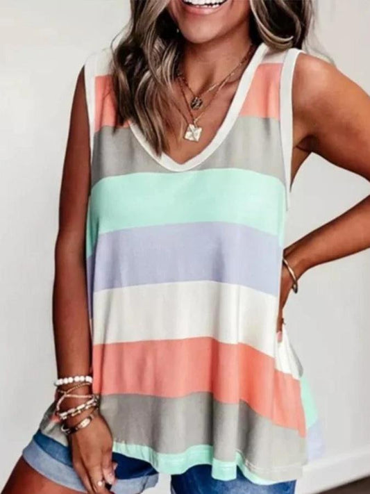 Rainbow Stripe Printed V-Neck Loose Tank Tops - Tank Tops - INS | Online Fashion Free Shipping Clothing, Dresses, Tops, Shoes - 10-20 - 28/06/2021 - Category_Tank Tops