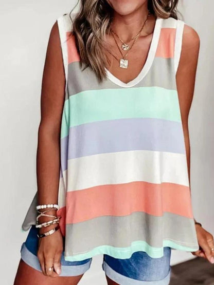 Rainbow Stripe Printed V-Neck Loose Tank Tops - Tank Tops - INS | Online Fashion Free Shipping Clothing, Dresses, Tops, Shoes - 10-20 - 28/06/2021 - Category_Tank Tops