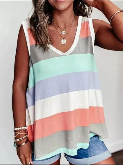 Rainbow Stripe Printed V-Neck Loose Tank Tops - Tank Tops - INS | Online Fashion Free Shipping Clothing, Dresses, Tops, Shoes - 10-20 - 28/06/2021 - Category_Tank Tops