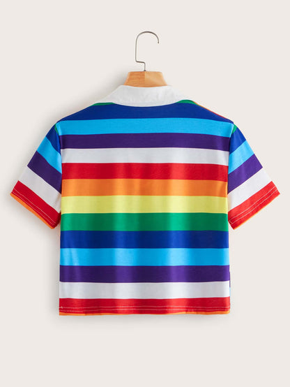 Rainbow Striped Collared Cropped Tee - INS | Online Fashion Free Shipping Clothing, Dresses, Tops, Shoes