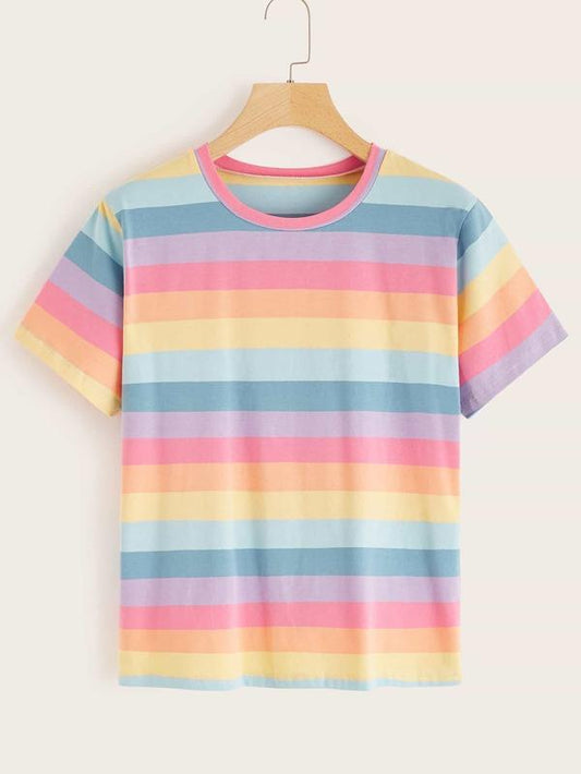 Rainbow Striped Short Sleeve Tee - INS | Online Fashion Free Shipping Clothing, Dresses, Tops, Shoes