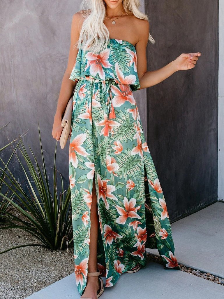 Rainforest Print Off-shoulder Ruffle Dress - Maxi Dresses - INS | Online Fashion Free Shipping Clothing, Dresses, Tops, Shoes - 11/06/2021 - Color_Green - DRE2106110401