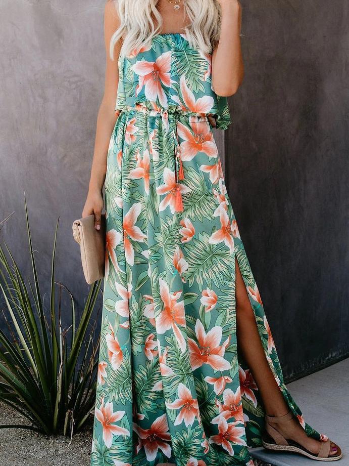 Rainforest Print Off-shoulder Ruffle Dress - Maxi Dresses - INS | Online Fashion Free Shipping Clothing, Dresses, Tops, Shoes - 11/06/2021 - Color_Green - DRE2106110401