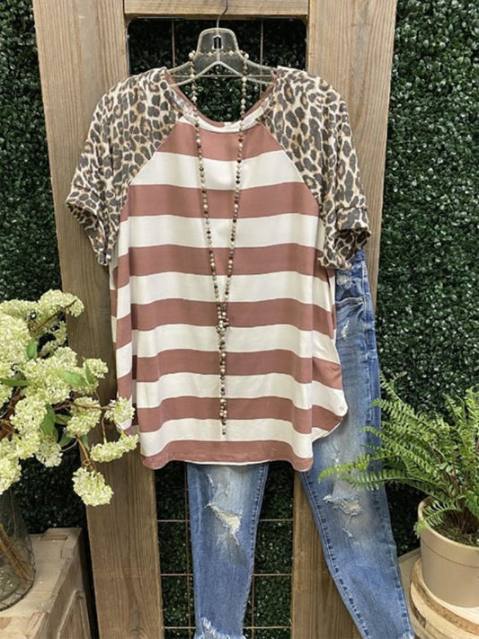 Red Leopard Casual Crew Neck Cotton-Blend Shirts & Tops - INS | Online Fashion Free Shipping Clothing, Dresses, Tops, Shoes
