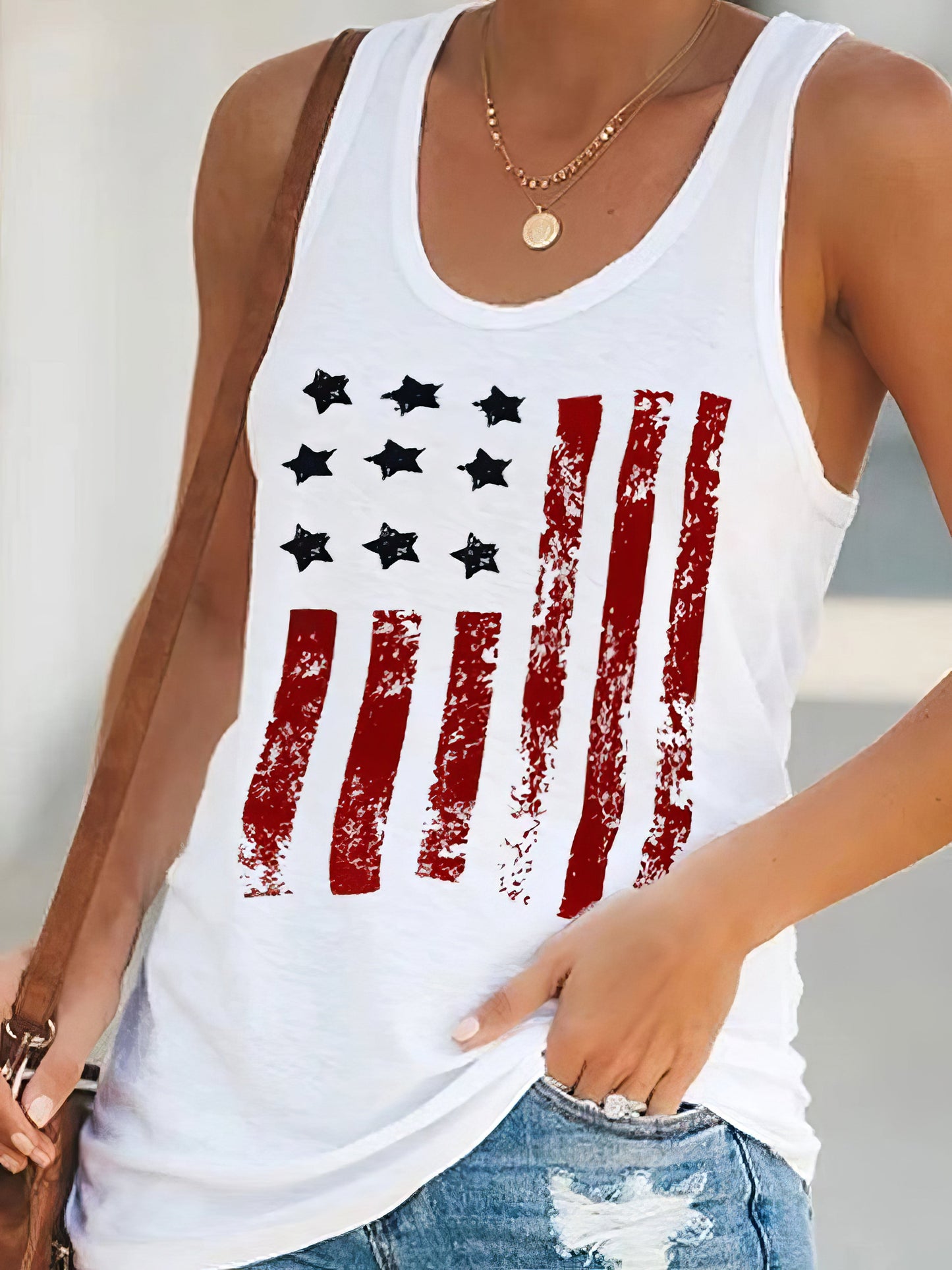 Tank Tops - Red Star Stripe Print Round Neck Sleeveless Tank Tops - MsDressly