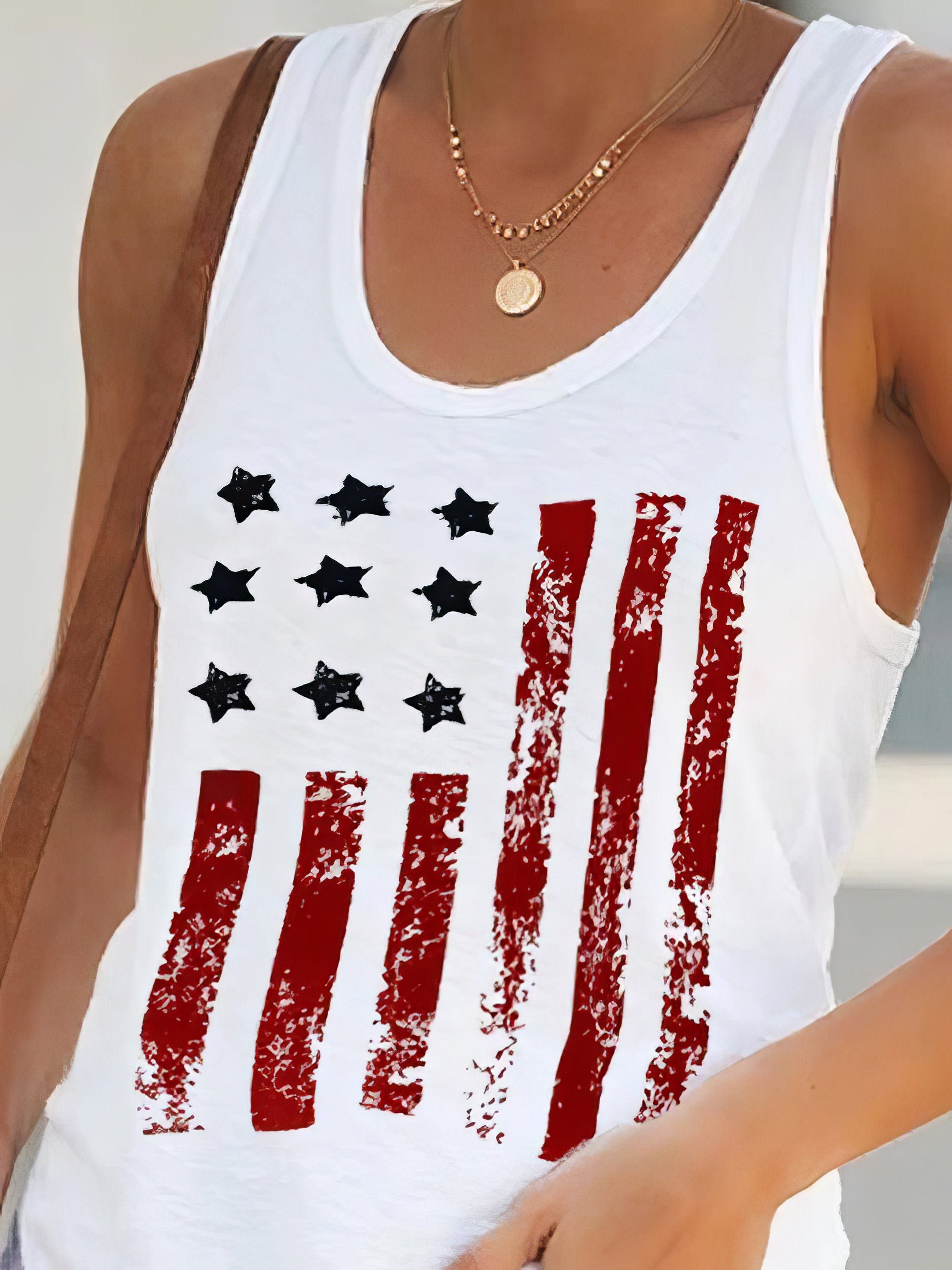 Tank Tops - Red Star Stripe Print Round Neck Sleeveless Tank Tops - MsDressly