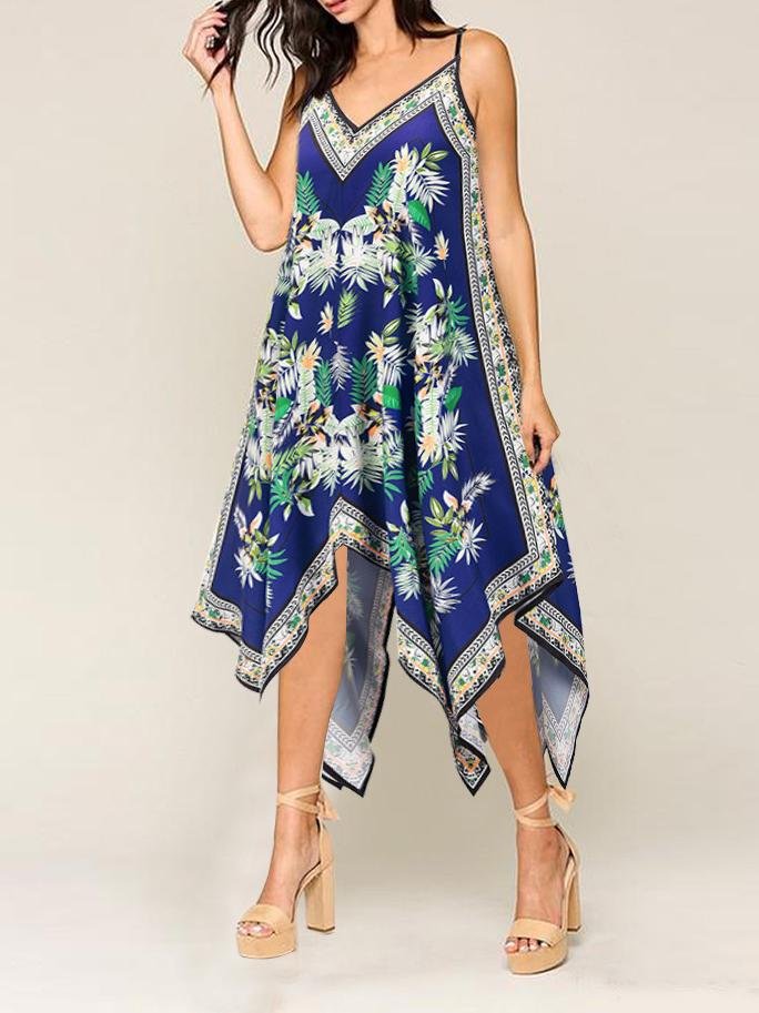 Retro Floral Print Suspender Loose Dress - Midi Dresses - INS | Online Fashion Free Shipping Clothing, Dresses, Tops, Shoes - 20-30 - 23/06/2021 - color-blue