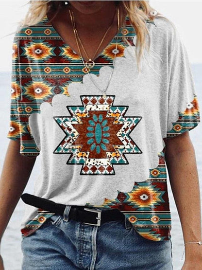 T-shirts - Retro Geometric Print V-neck Short-sleeved Top - MsDressly