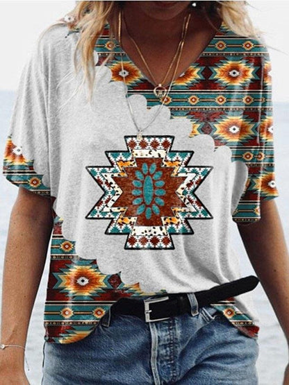T-shirts - Retro Geometric Print V-neck Short-sleeved Top - MsDressly
