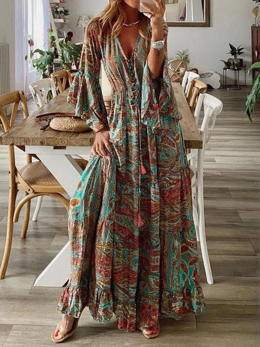 Retro High Waist 3/4 Sleeve Bohemian Dress - Maxi Dresses - INS | Online Fashion Free Shipping Clothing, Dresses, Tops, Shoes - 28/06/2021 - 40-50 - color-blue