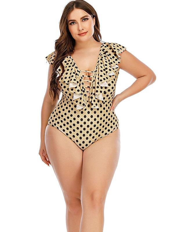 Retro Polka-dot Strap Fuffle V-neck One-piece Swimsuit - Plus Swimsuits - INS | Online Fashion Free Shipping Clothing, Dresses, Tops, Shoes - 22/04/2021 - Color_Wave Point - Plus Swimsuits