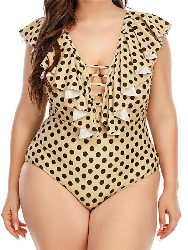Retro Polka-dot Strap Fuffle V-neck One-piece Swimsuit - Plus Swimsuits - INS | Online Fashion Free Shipping Clothing, Dresses, Tops, Shoes - 22/04/2021 - Color_Wave Point - Plus Swimsuits