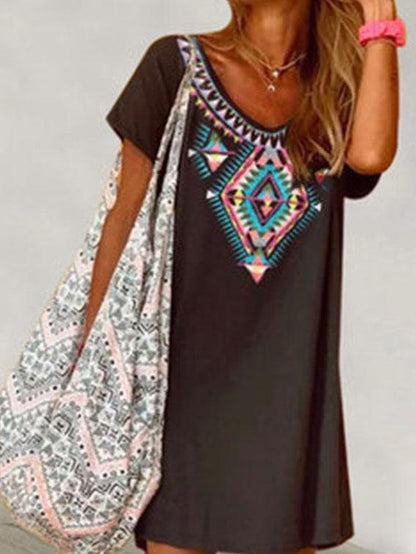 Retro Print Round Neck Loose Dress - Mini Dresses - INS | Online Fashion Free Shipping Clothing, Dresses, Tops, Shoes - 10-20 - 25/06/2021 - color-black