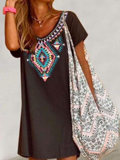 Retro Print Round Neck Loose Dress - Mini Dresses - INS | Online Fashion Free Shipping Clothing, Dresses, Tops, Shoes - 10-20 - 25/06/2021 - color-black