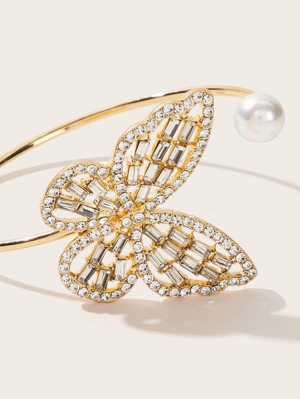Rhinestone Butterfly & Faux Pearl Decor Cuff Bracelet 1pc - LuckyFash™