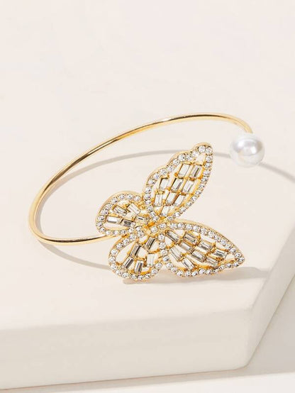 Rhinestone Butterfly & Faux Pearl Decor Cuff Bracelet 1pc - LuckyFash™