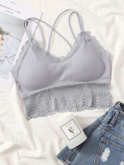 Rib Floral Lace Crisscross Bralette - INS | Online Fashion Free Shipping Clothing, Dresses, Tops, Shoes