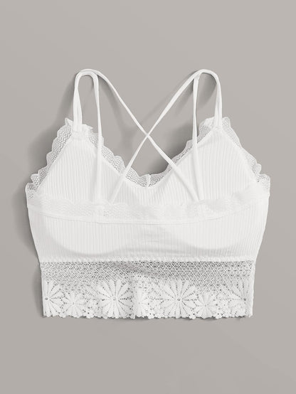 Rib Floral Lace Crisscross Bralette - INS | Online Fashion Free Shipping Clothing, Dresses, Tops, Shoes