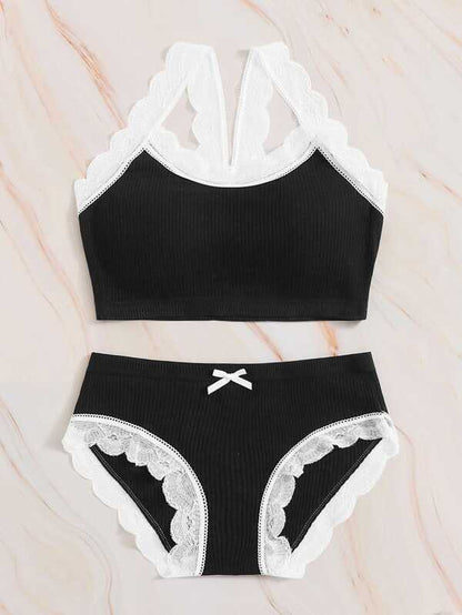 Rib Scalloped Lace Trim Lingerie Set - INS | Online Fashion Free Shipping Clothing, Dresses, Tops, Shoes