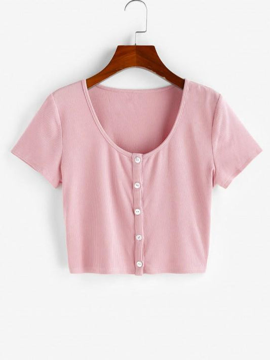 Ribbed Button Up Crop T-shirt - INS | Online Fashion Free Shipping Clothing, Dresses, Tops, Shoes
