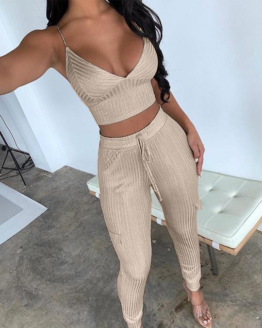 Ribbed Crop Top & Drawstring Pants Set - Sets - INS | Online Fashion Free Shipping Clothing, Dresses, Tops, Shoes - 02/18/2021 - 2 piece sets - Apricot