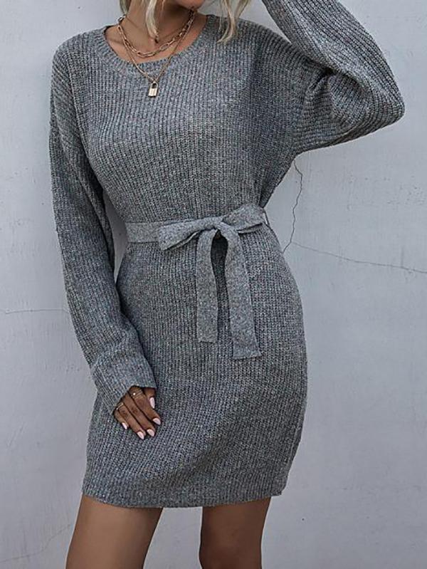 Ribbed Knit Belted Sweater Dress - Dresses - INS | Online Fashion Free Shipping Clothing, Dresses, Tops, Shoes - 02/02/2021 - Autumn - Casual Dresses