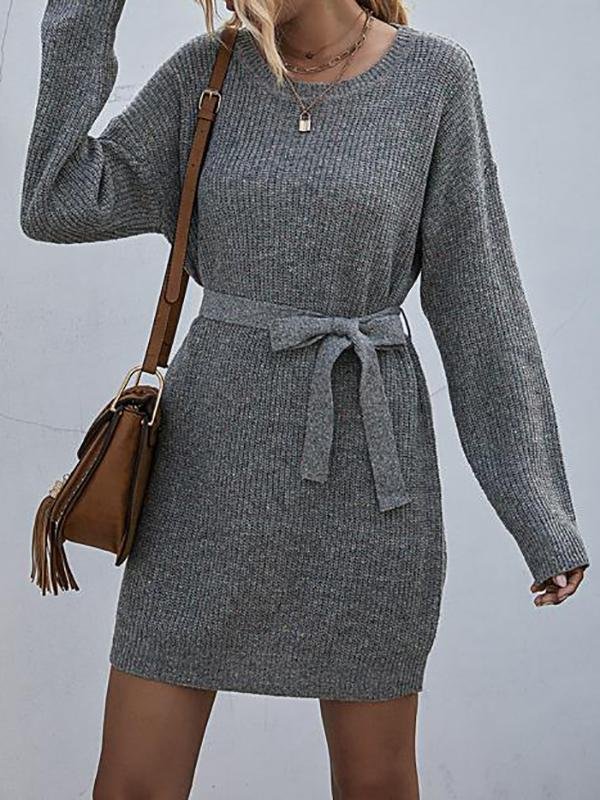 Ribbed Knit Belted Sweater Dress - Dresses - INS | Online Fashion Free Shipping Clothing, Dresses, Tops, Shoes - 02/02/2021 - Autumn - Casual Dresses