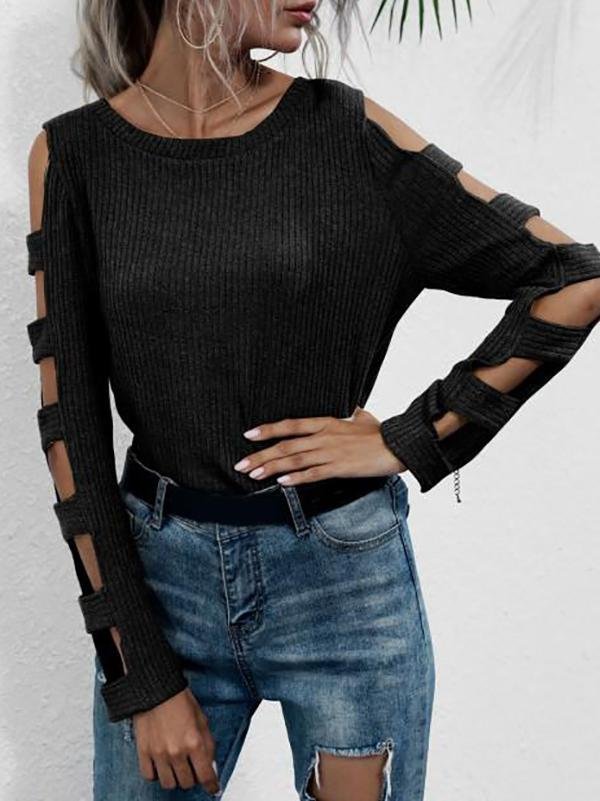 Ribbed Ladder Cutout Sleeves Knitwear - Sweaters - INS | Online Fashion Free Shipping Clothing, Dresses, Tops, Shoes - 02/08/2021 - Autumn - Black