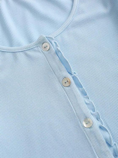 Ribbed Lettuce Trim Button Up T-shirt - INS | Online Fashion Free Shipping Clothing, Dresses, Tops, Shoes