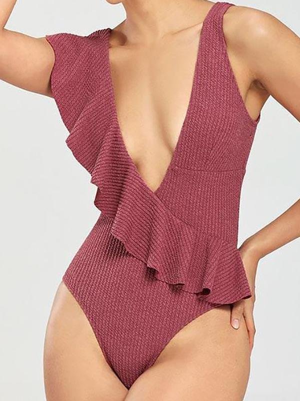 Ribbed Ruffledf Slim One-piece Swimsuit - Swimsuits - INS | Online Fashion Free Shipping Clothing, Dresses, Tops, Shoes - 06/04/2021 - AMZ - L
