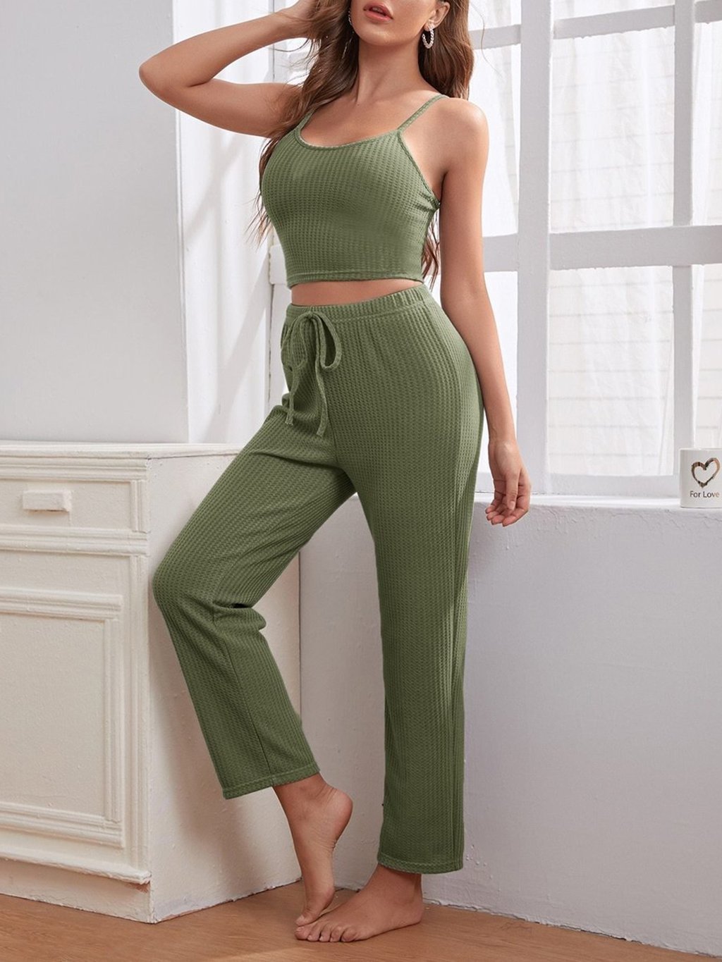 Ribbed Softy Solid Color Pajama Three Piece Set - Loungewear - INS | Online Fashion Free Shipping Clothing, Dresses, Tops, Shoes - 09/04/2021 - Color_Green - Colour_Apricot