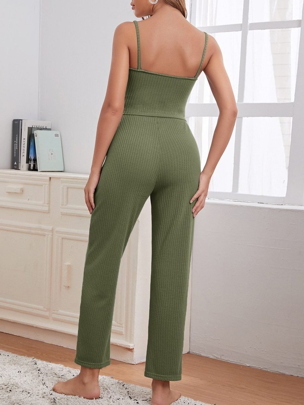 Ribbed Softy Solid Color Pajama Three Piece Set - Loungewear - INS | Online Fashion Free Shipping Clothing, Dresses, Tops, Shoes - 09/04/2021 - Color_Green - Colour_Apricot