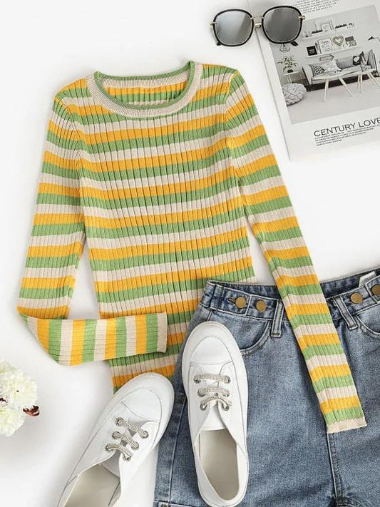 Ribbed Striped Fitted Sweater - INS | Online Fashion Free Shipping Clothing, Dresses, Tops, Shoes