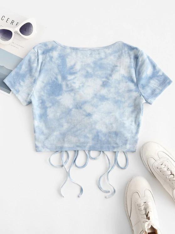 Ribbed Tie Dye Surplice Cinched Surplice Tee - INS | Online Fashion Free Shipping Clothing, Dresses, Tops, Shoes