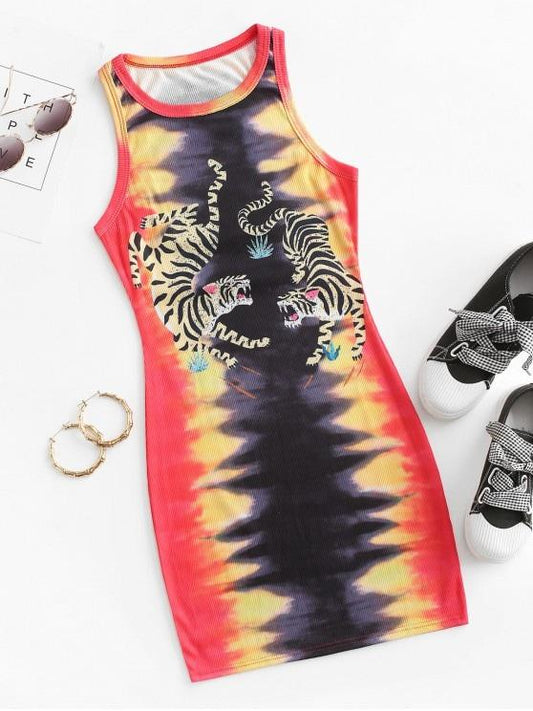 Ribbed Tiger Print Tie Dye Bodycon Tank Dress - INS | Online Fashion Free Shipping Clothing, Dresses, Tops, Shoes