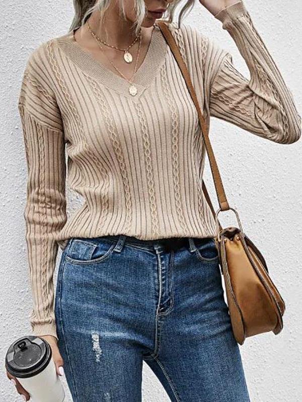 Ribbed V Neck Drop Shoulder Plain Sweater - Sweaters - INS | Online Fashion Free Shipping Clothing, Dresses, Tops, Shoes - 02/07/2021 - Autumn - Casual