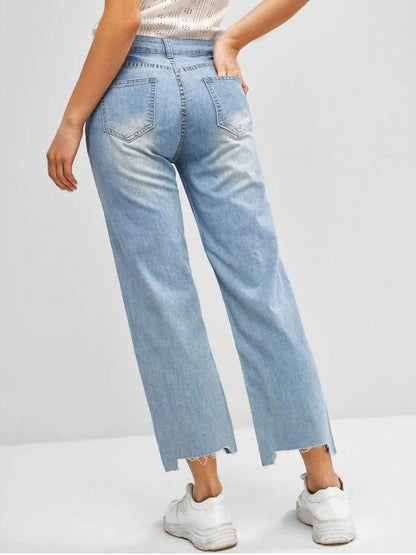 Ripped Frayed Hem Straight Jeans - INS | Online Fashion Free Shipping Clothing, Dresses, Tops, Shoes