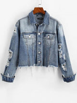Ripped Frayed Pocket Trucker Denim Jacket - INS | Online Fashion Free Shipping Clothing, Dresses, Tops, Shoes