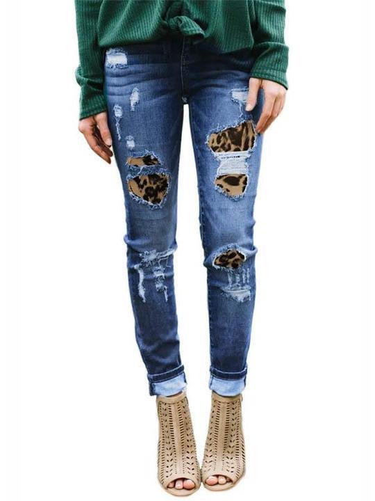 Ripped leopard print denim trousers - INS | Online Fashion Free Shipping Clothing, Dresses, Tops, Shoes